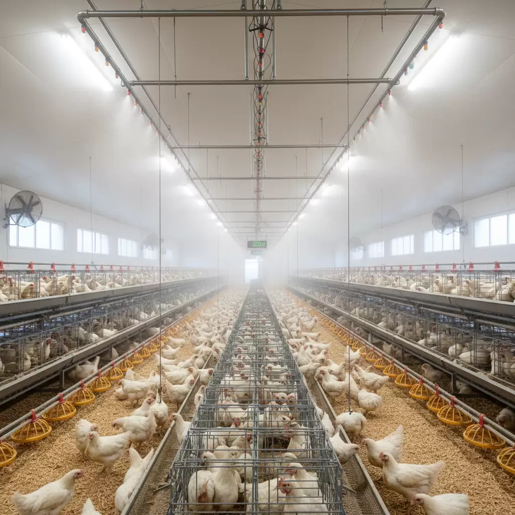 Hệ thống phun sương hiện đại giúp điều hòa nhiệt độ và độ ẩm trong trại gà