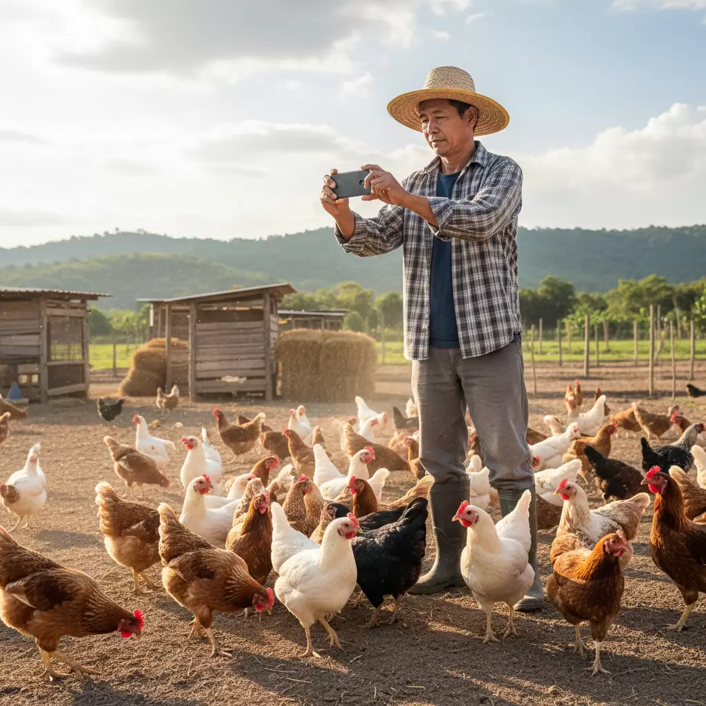 gemini_image_1770104136 Sử dụng điện thoại thông minh để ghi lại triệu chứng gà bệnh là bước quan trọng trong chẩn đoán từ xa