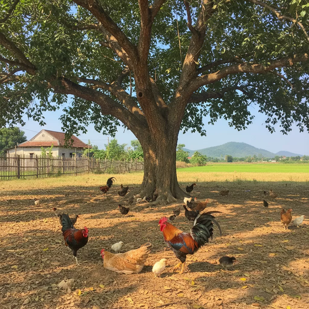 Cây bóng mát tạo môi trường nhiệt độ ổn định cho gà vận động