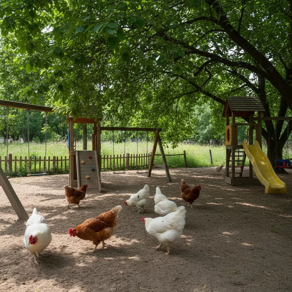 Diện tích sân chơi rộng rãi giúp gà thịt vận động tốt và nâng cao chất lượng thịt