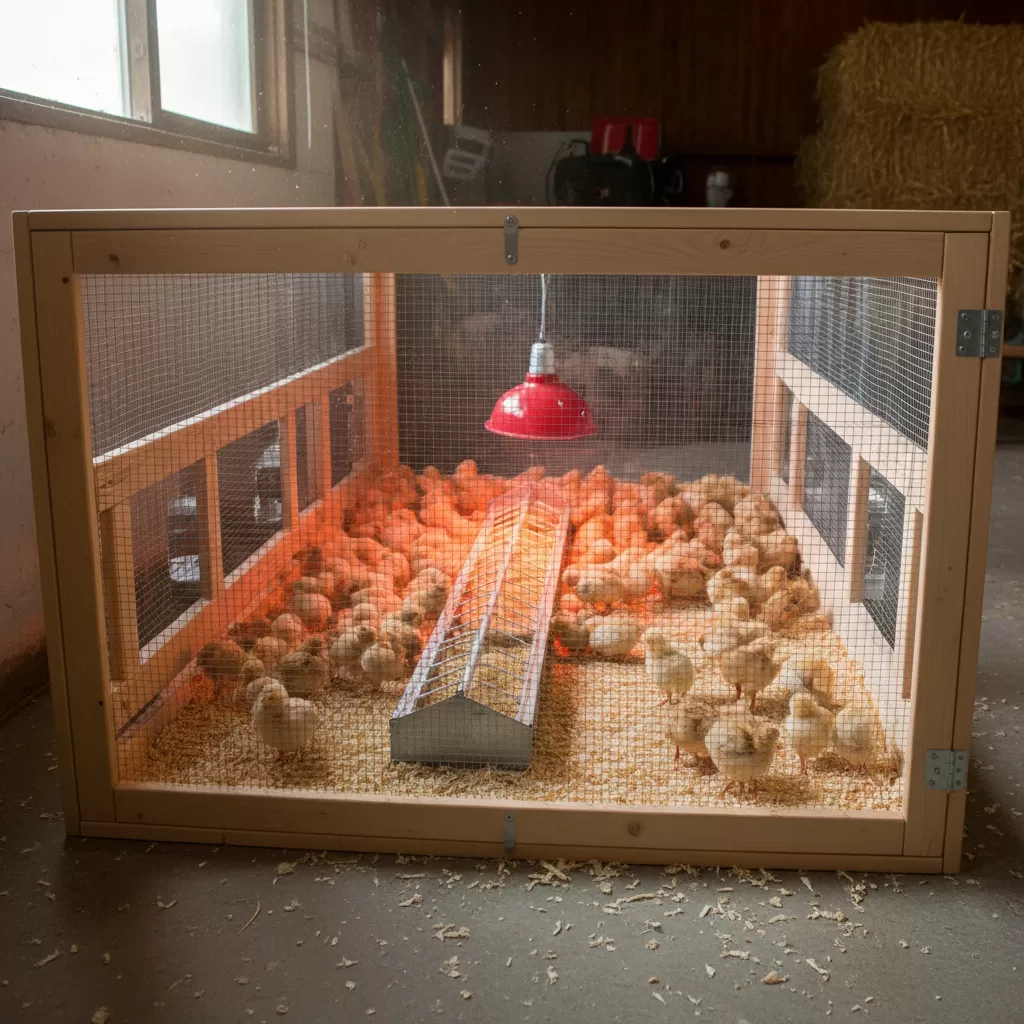 gemini_image_1770279655 Mô hình chuồng úm gà con đạt chuẩn giúp tăng tỷ lệ sống sót và phát triển khỏe mạnh