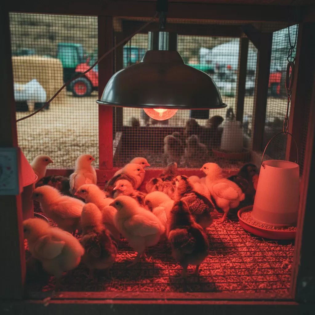 gemini_image_1770279656 Lắp đặt hệ thống đèn hồng ngoại đúng vị trí giúp duy trì nhiệt độ ổn định cho đàn gà