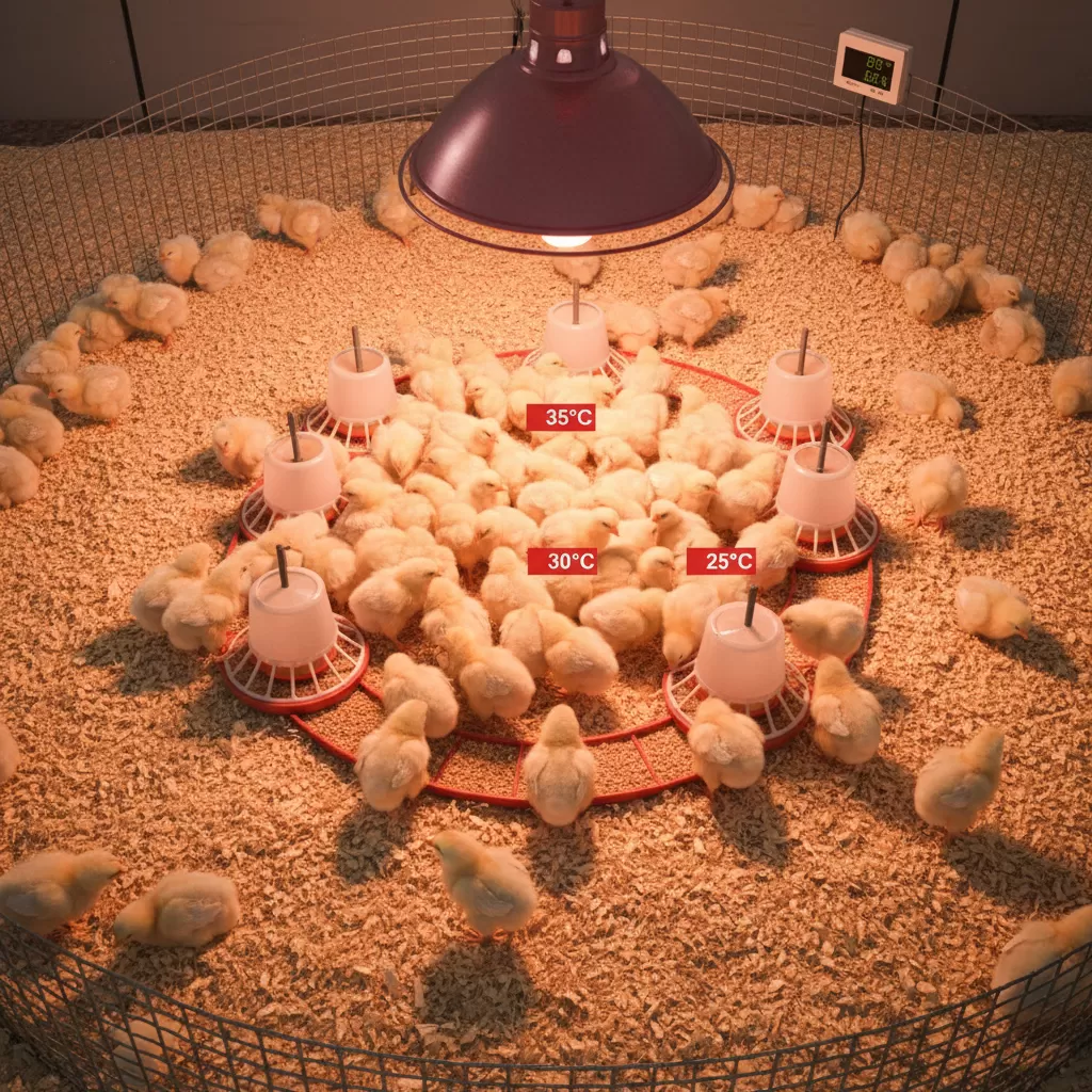 gemini_image_1770280250-1 Phân bố đều của gà con trong chuồng là minh chứng cho môi trường nhiệt độ đạt chuẩn