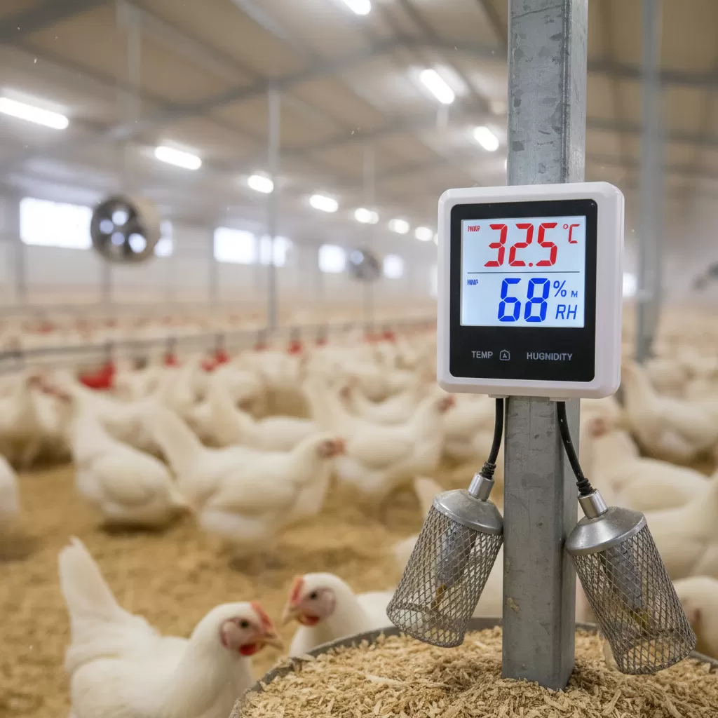 gemini_image_1770280250 Sử dụng thiết bị đo để kiểm soát chính xác nhiệt độ và độ ẩm trong chuồng gà
