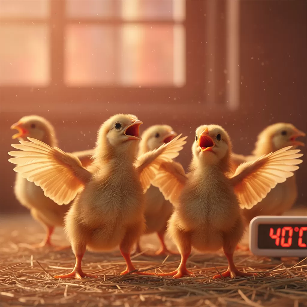 Gà con có biểu hiện há miệng thở và xòe cánh khi nhiệt độ trong chuồng quá cao