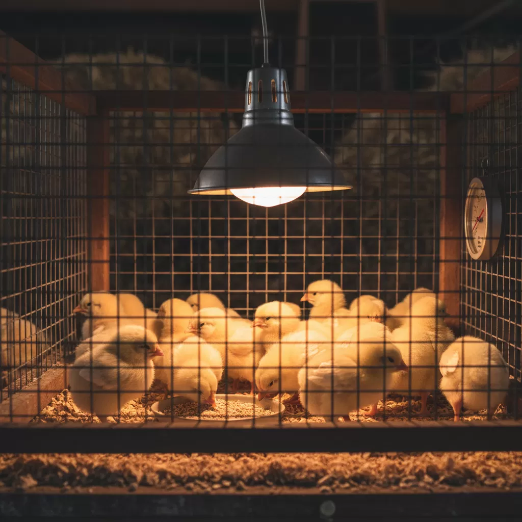 gemini_image_1770281294 Giai đoạn úm gà con đòi hỏi kỹ thuật chăm sóc tỉ mỉ về thức ăn và nước uống để đảm bảo tỷ lệ sống