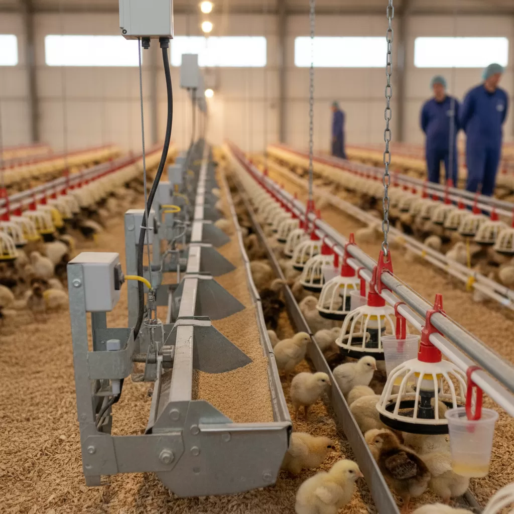 gemini_image_1770281295 Bố trí máng ăn và máng uống hợp lý giúp gà con tiếp cận nguồn dinh dưỡng dễ dàng và đồng đều