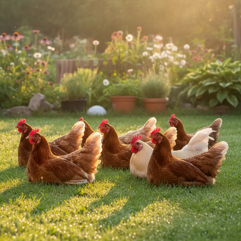 gemini_image_1770285339 Đàn gà tận hưởng ánh nắng buổi sáng trong sân vườn xanh mát