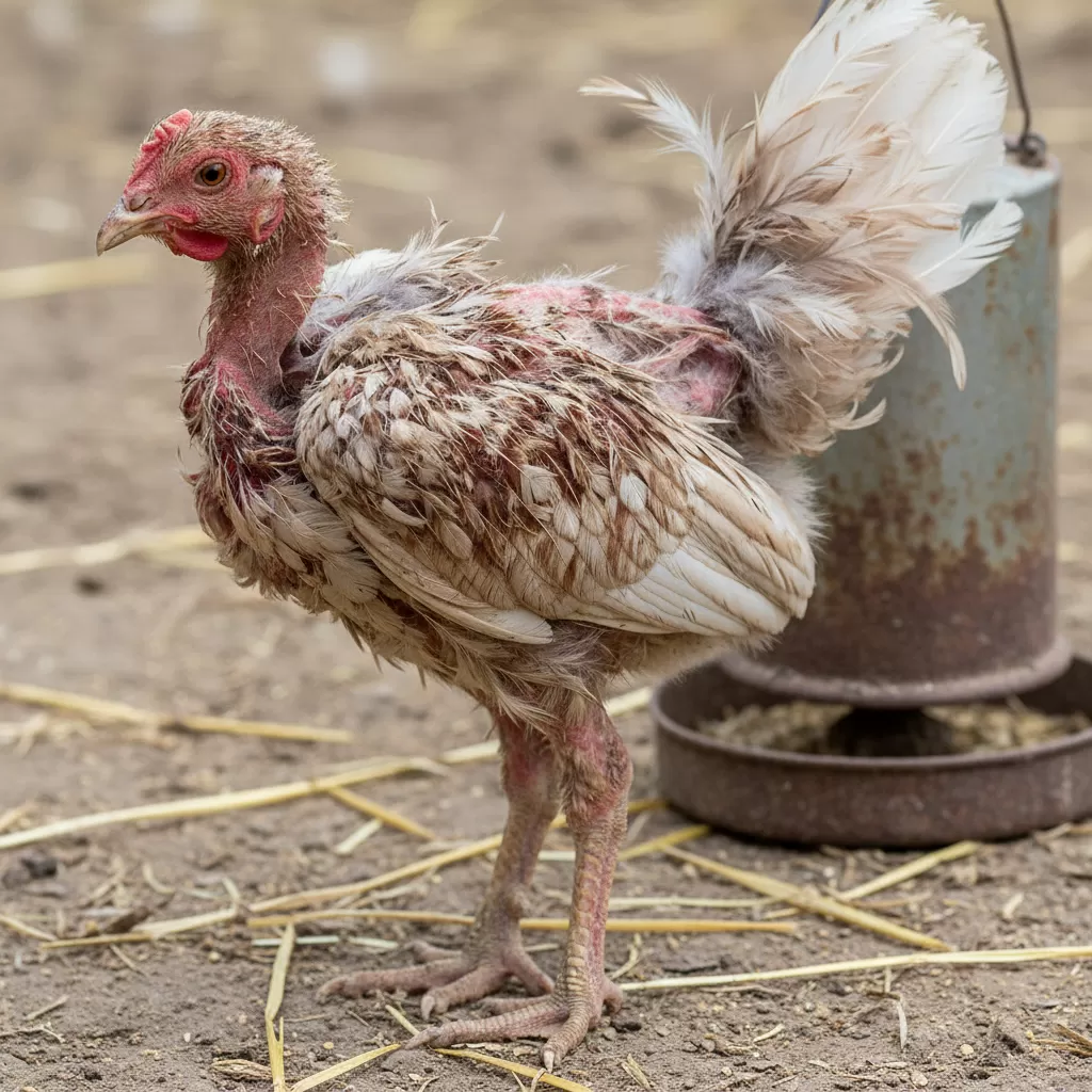 gemini_image_1770287566 Bộ lông xơ xác và da khô là những dấu hiệu nhận biết gà thiếu khoáng điển hình