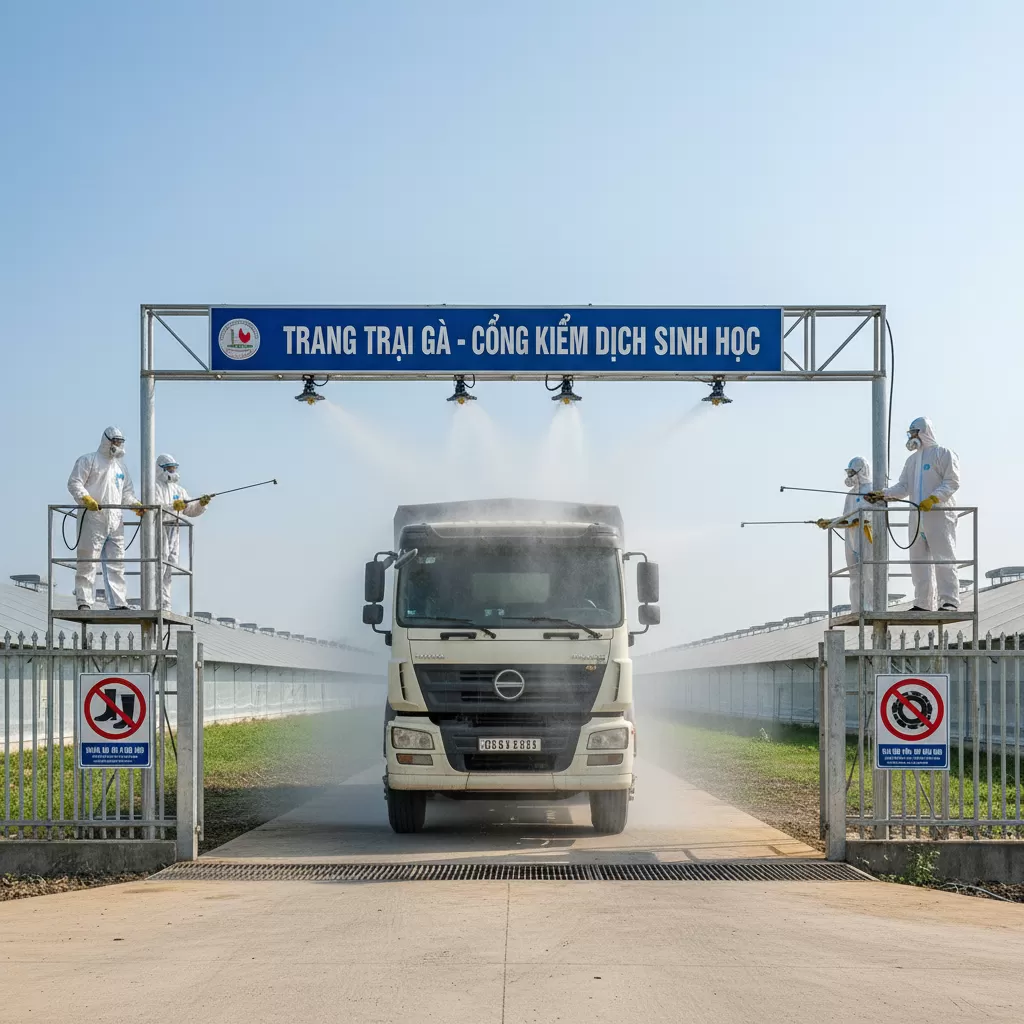 Kiểm soát phương tiện và khử trùng nghiêm ngặt tại cổng trang trại để ngăn chặn mầm bệnh