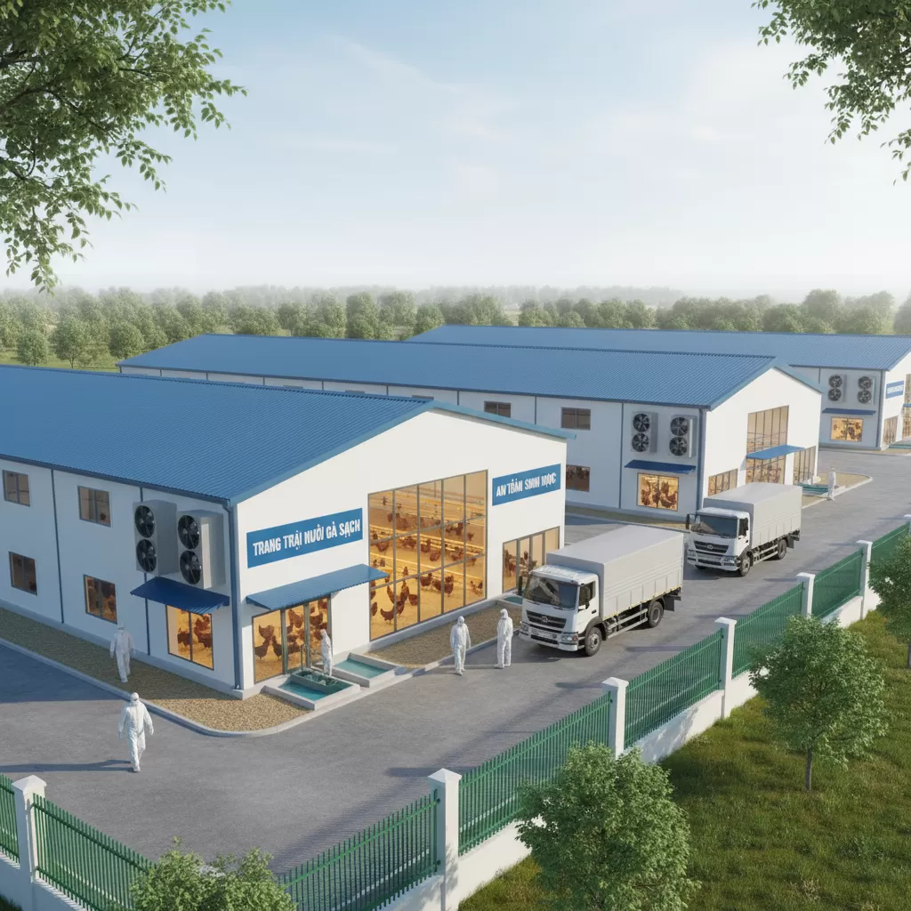 Mô hình trang trại nuôi gà áp dụng quy trình an toàn sinh học nghiêm ngặt để bảo vệ đàn vật nuôi