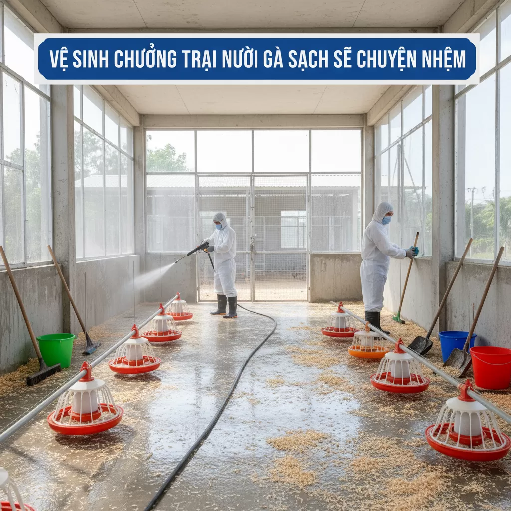 gemini_image_1770288523 Quy trình vệ sinh chuồng trại đóng vai trò then chốt trong chăn nuôi gia cầm bền vững