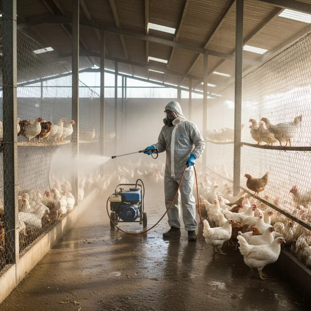 gemini_image_1770288524 Thực hiện phun thuốc sát trùng định kỳ để tiêu diệt mầm bệnh tồn dư trong môi trường