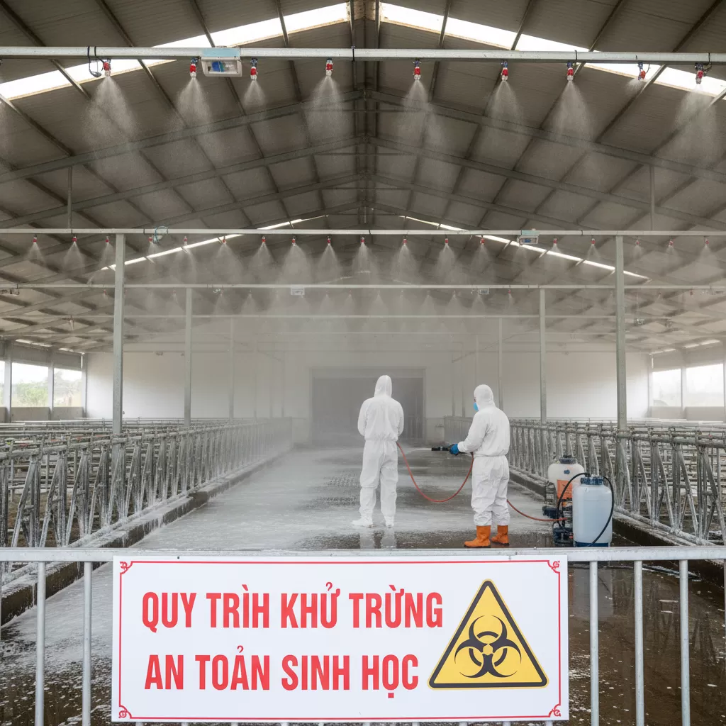 gemini_image_1770292998-1 Tuân thủ nghiêm ngặt quy trình an toàn sinh học khi đón tiếp bác sĩ thú y vào trại để tránh lây nhiễm chéo