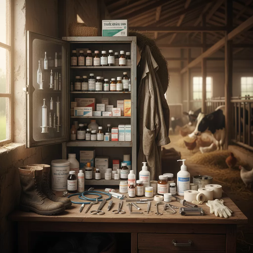 gemini_image_1770292998 Trang bị đầy đủ dụng cụ và thuốc thiết yếu giúp chủ trại chủ động xử lý các ca bệnh nhẹ