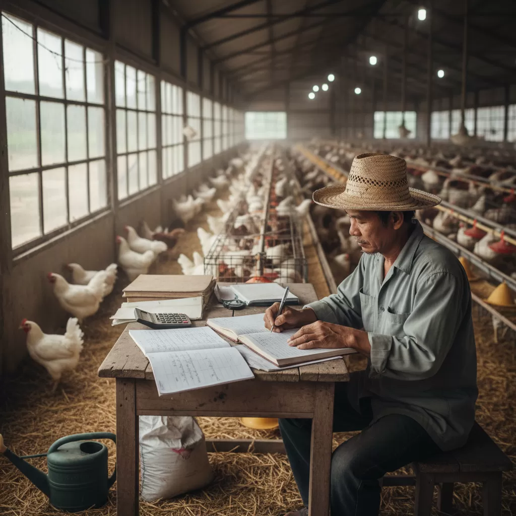gemini_image_1770298777 Phương pháp ghi chép sổ sách truyền thống vẫn còn phổ biến tại nhiều hộ chăn nuôi nhỏ lẻ