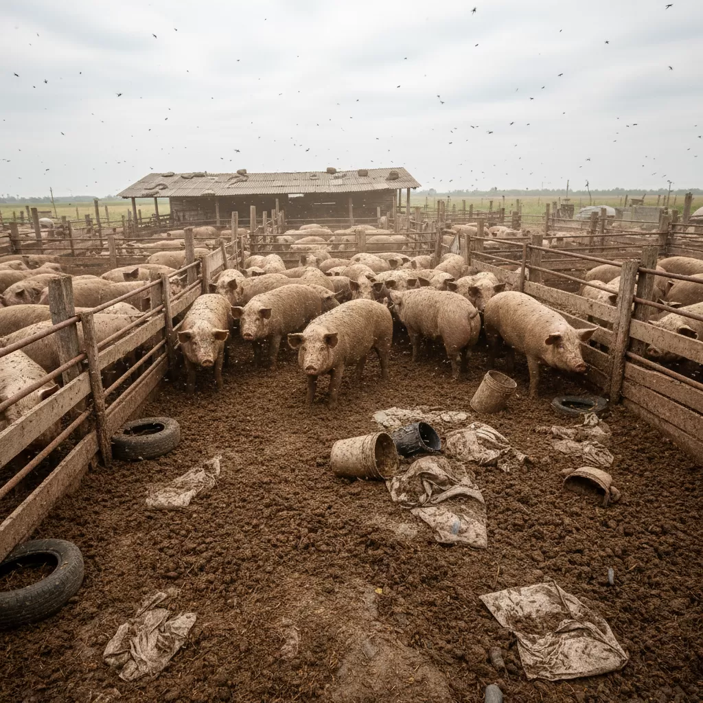 gemini_image_1770302360 Môi trường chuồng nuôi ô nhiễm do chất thải tích tụ là nơi trú ngụ của nhiều mầm bệnh