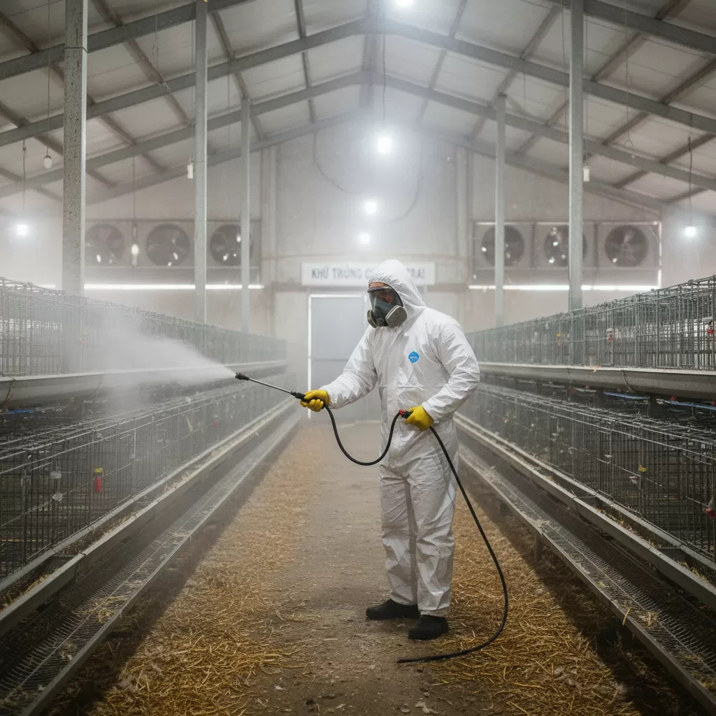 Phun thuốc sát trùng định kỳ để tiêu diệt mầm bệnh tồn dư