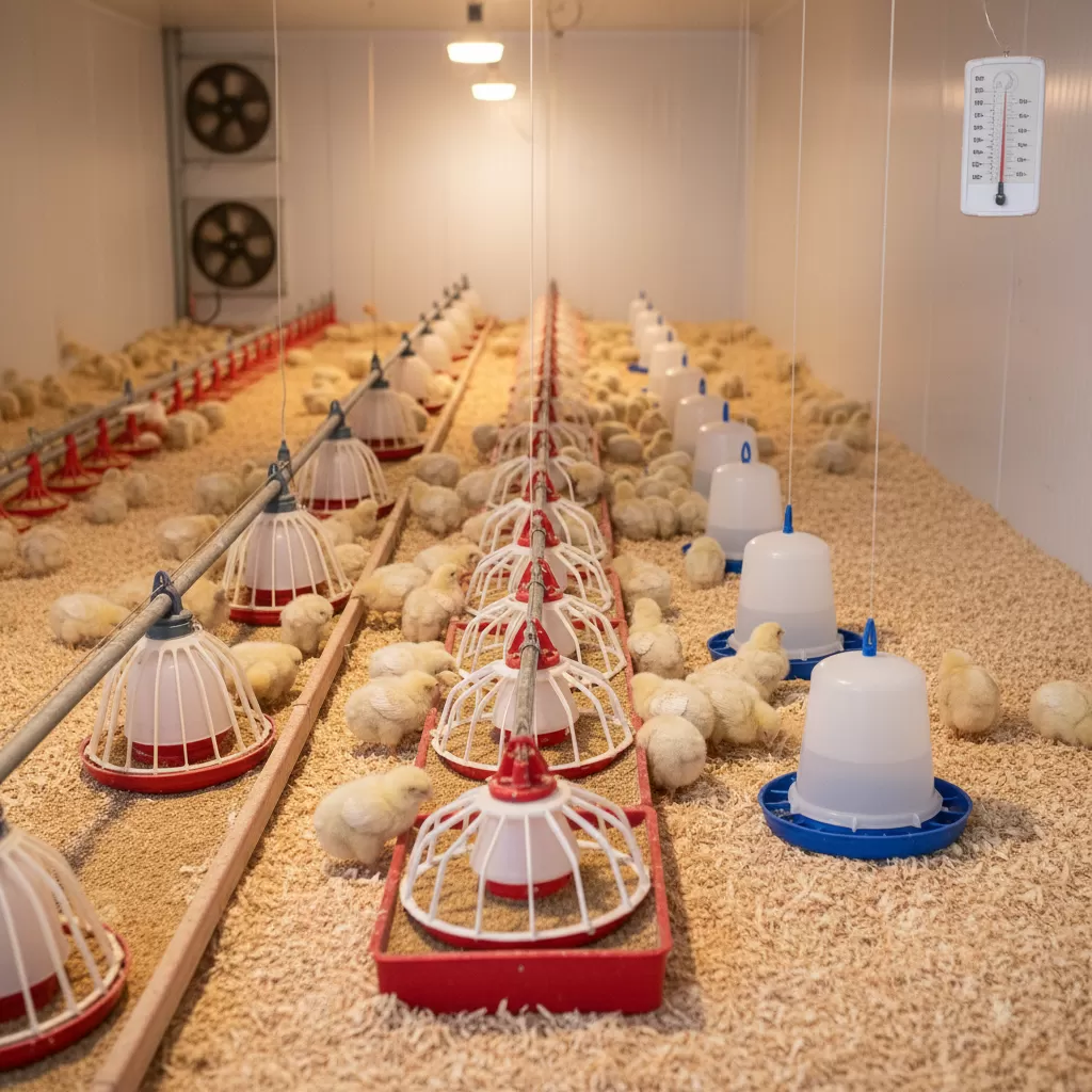 Sắp xếp máng ăn và máng uống khoa học giúp gà con dễ dàng tiếp cận nguồn dinh dưỡng