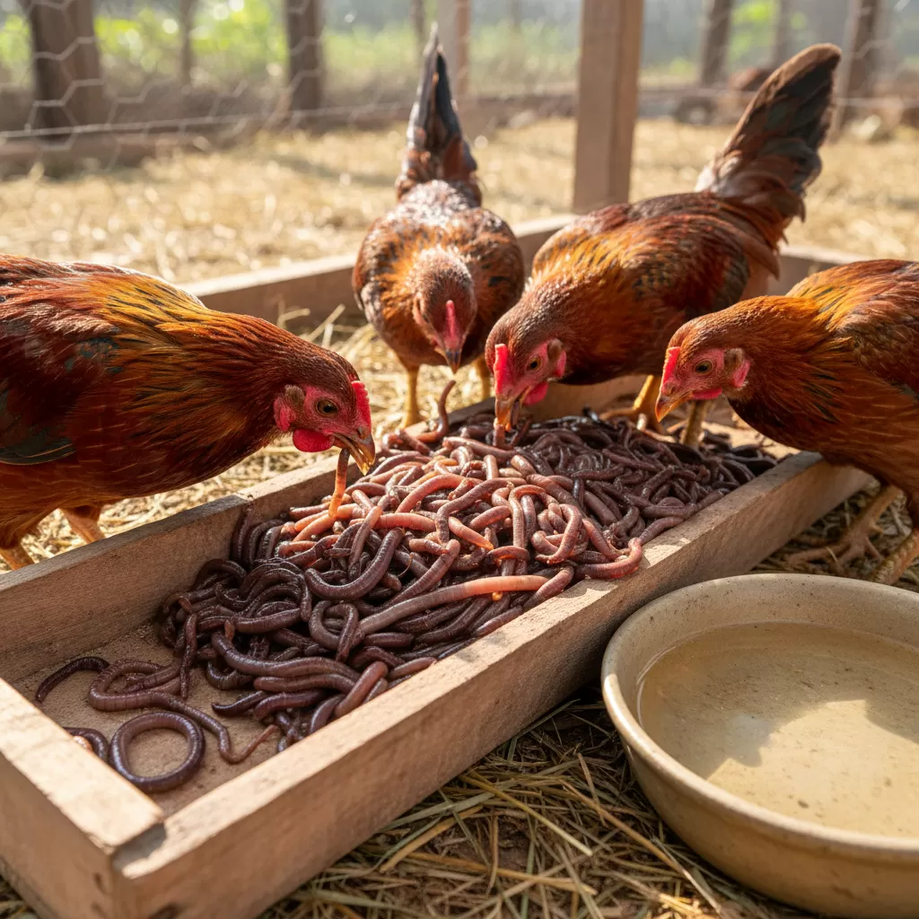 gemini_image_1770306422 Trùn quế là nguồn cung cấp đạm tự nhiên tuyệt vời giúp gà phát triển khỏe mạnh