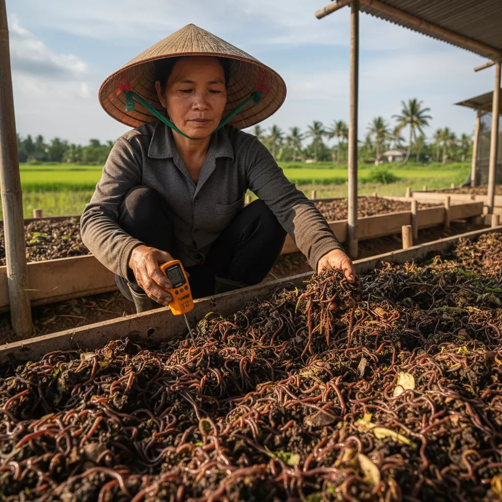 gemini_image_1770306423 Kiểm tra độ ẩm định kỳ là bước quan trọng để trùn quế phát triển năng suất cao