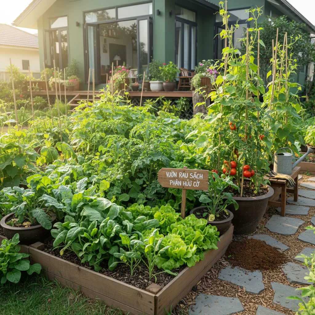 gemini_image_1770306680 Vườn rau sạch tại nhà phát triển xanh tốt nhờ sử dụng phân gà ủ hoai đúng cách