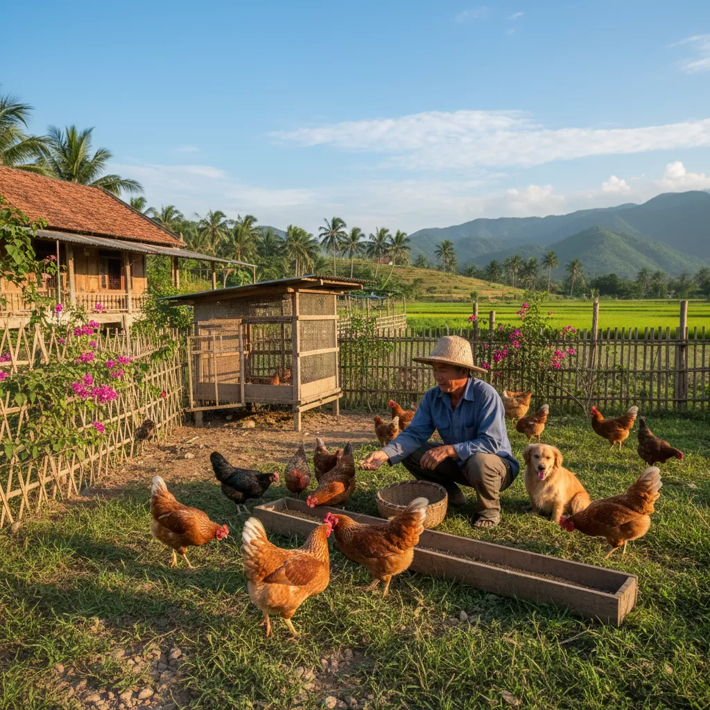 gemini_image_1770307634 Mô hình chăn nuôi gà nhỏ lẻ cần sự hỗ trợ từ cộng đồng để phát triển bền vững